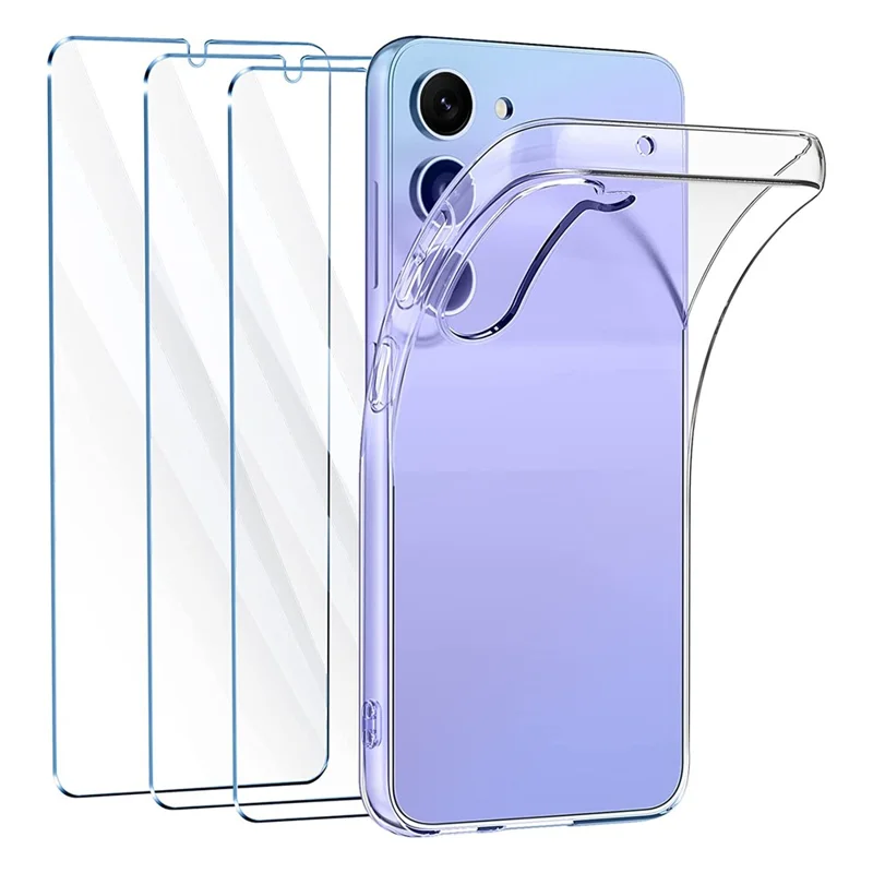 TPU Case for Samsung Galaxy A34 5G Clear Phone Cover with 3Pcs 2.5D Arc Edge Tempered Glass Screen Film