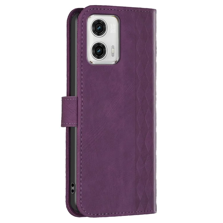 Для Motorola Moto G73 5G имитация сетчатого узора стоящая крышка магнитный замок чехол-кошелек - фиолетовый