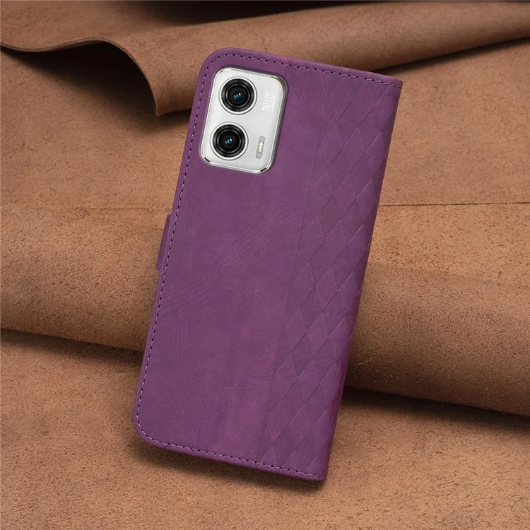 Для Motorola Moto G73 5G имитация сетчатого узора стоящая крышка магнитный замок чехол-кошелек - фиолетовый