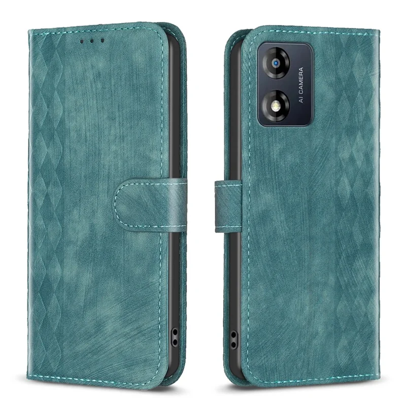 Para Motorola Moto E13 4G PU Folio de cuero Carcasa con estampado de rejilla Soporte Cartera Funda de teléfono - Verde