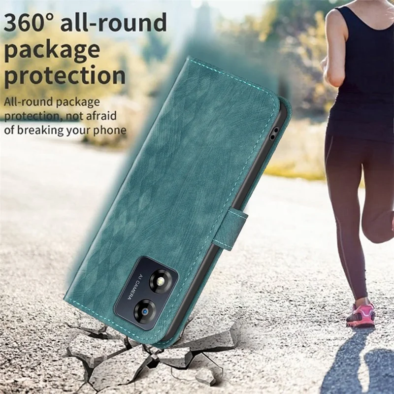 Para Motorola Moto E13 4G PU Folio de cuero Carcasa con estampado de rejilla Soporte Cartera Funda de teléfono - Verde