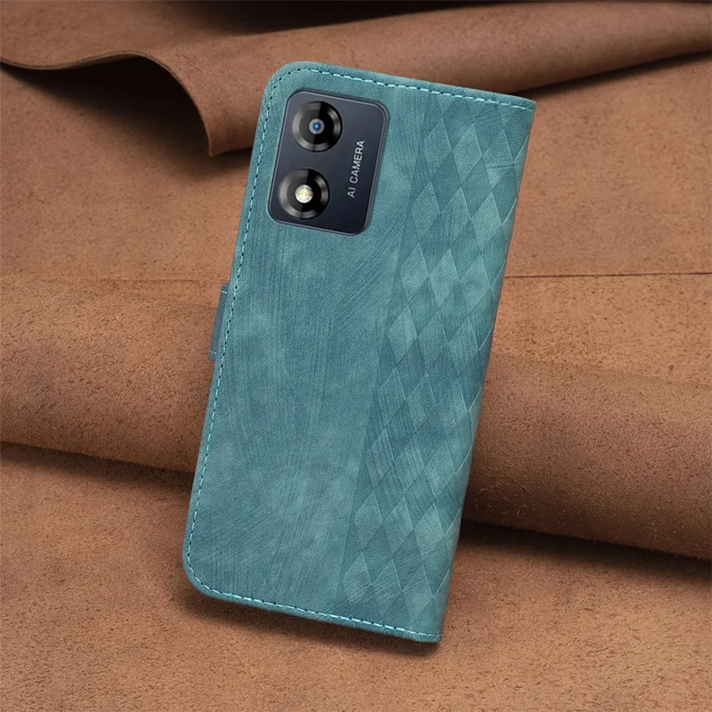 Para Motorola Moto E13 4G PU Folio de cuero Carcasa con estampado de rejilla Soporte Cartera Funda de teléfono - Verde