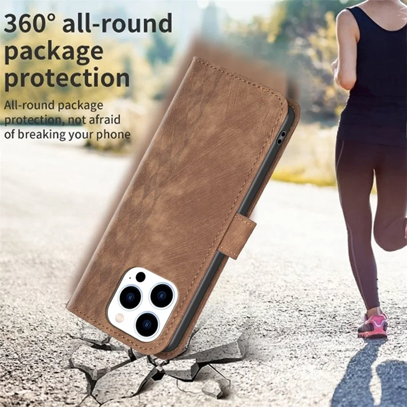 PU Leather Cover for iPhone 13 Pro 6.1 inch Wallet Stand Scratch Proof Imprinted Pattern Flip Phone Case - Brown