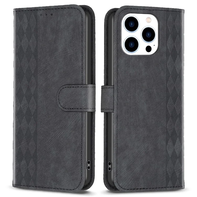 Phone Case for iPhone 13 Pro Max 6.7 inch Magnetic Closure Wallet Imprinting Pattern Stand Cover - Black
