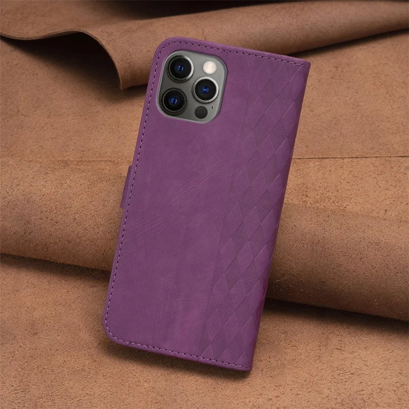 Per iPhone 12 / 12 Pro 6.1 pollici Custodia portafoglio magnetica con grafica a reticolo stampata e supporto - Viola