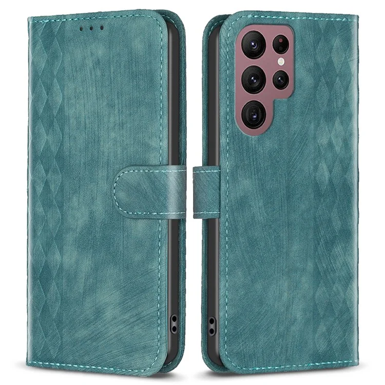 Pour Samsung Galaxy S22 Ultra 5G Imprinting Pattern Cover Stand Wallet Full Protection Phone Case - Green