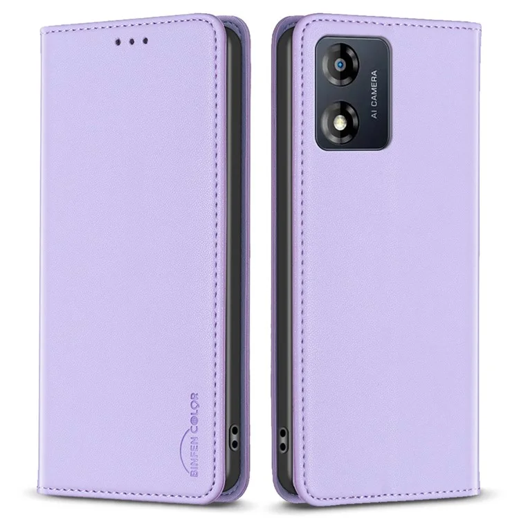 BINFEN COLOR BF18 Para Motorola Moto E13 4G Desenho com Slot para Cartão Capa de Telefone de Couro com Suporte - Roxo