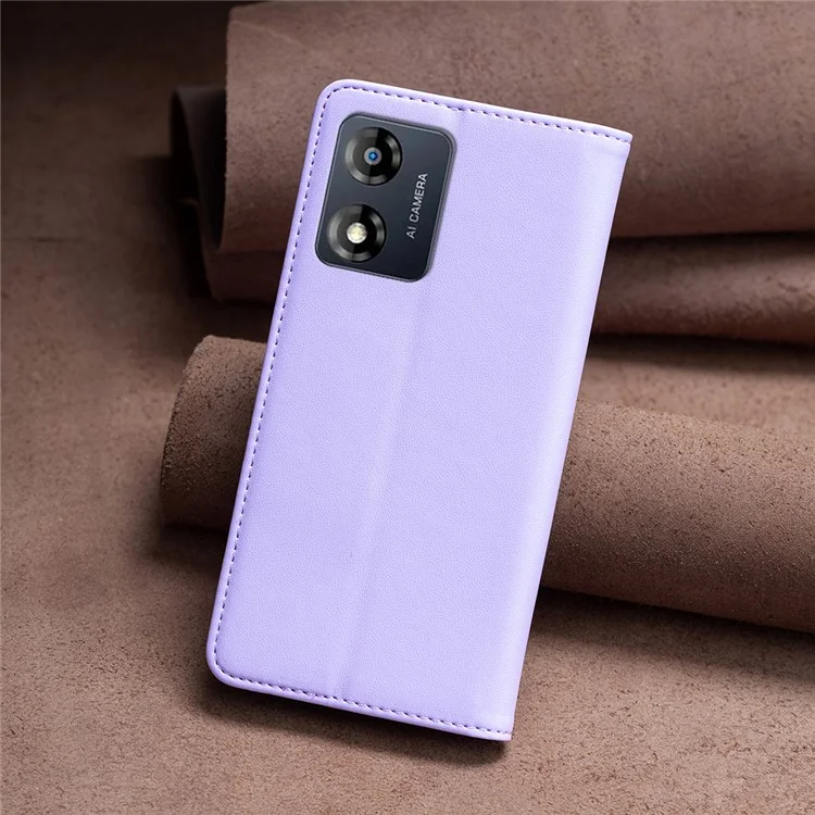 BINFEN COLOR BF18 Para Motorola Moto E13 4G Desenho com Slot para Cartão Capa de Telefone de Couro com Suporte - Roxo