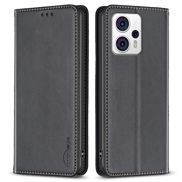 BINFEN COLOR BF18 für Motorola Moto G13 4G / G23 4G / G53 5G Anti-Kratzer Handyhülle aus PU-Leder mit Kartenfach und Ständer - Schwarz