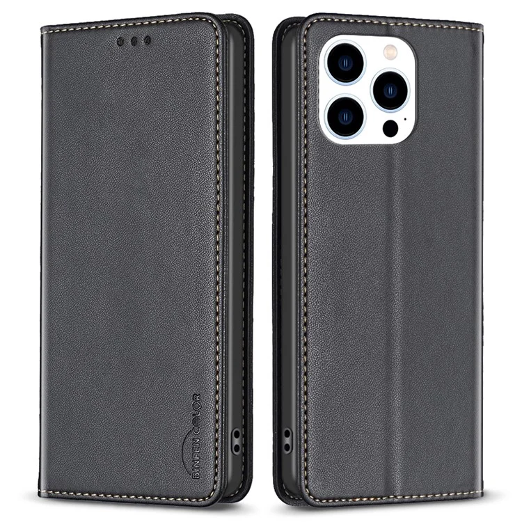 BINFEN COLOR BF18 Para iPhone 13 Pro Max Caso de Telefone Celular Capa de Couro PU com Slot para Cartão Suporte - Preto
