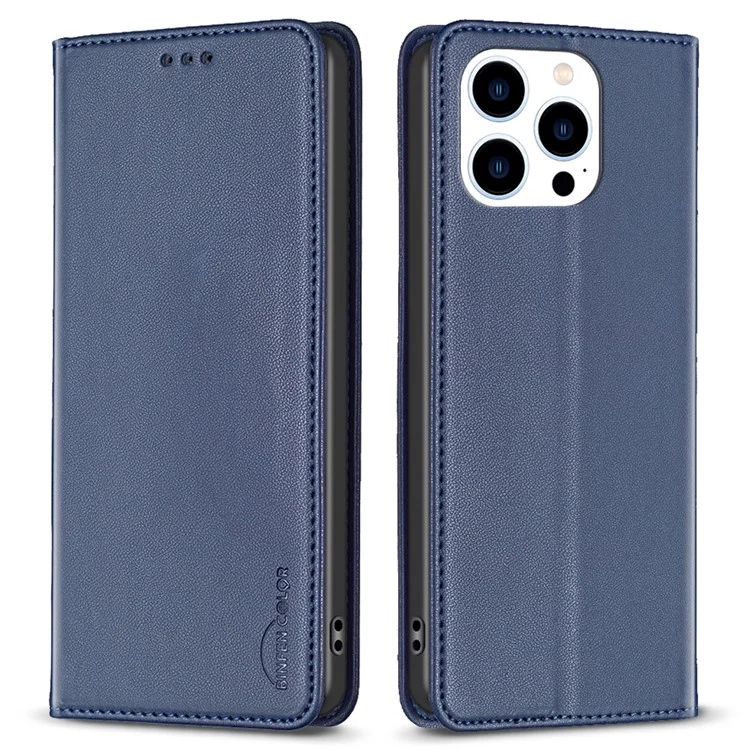 BINFEN COLOR BF18 For iPhone 13 Pro 6.1 inch PU Leather Phone Case Card Slots Folding Stand Cover - Blue