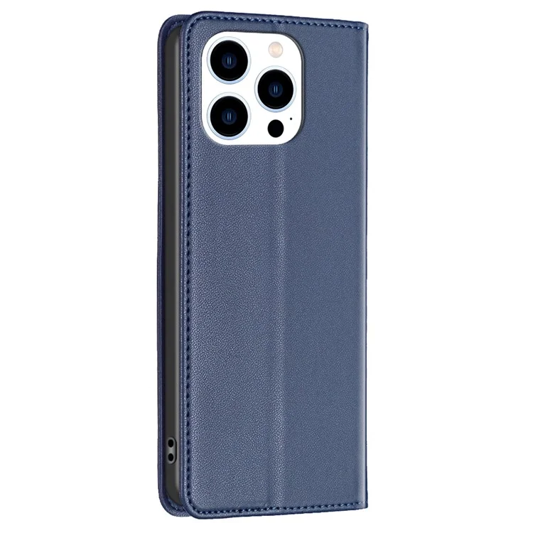 BINFEN COLOR BF18 For iPhone 13 Pro 6.1 inch PU Leather Phone Case Card Slots Folding Stand Cover - Blue