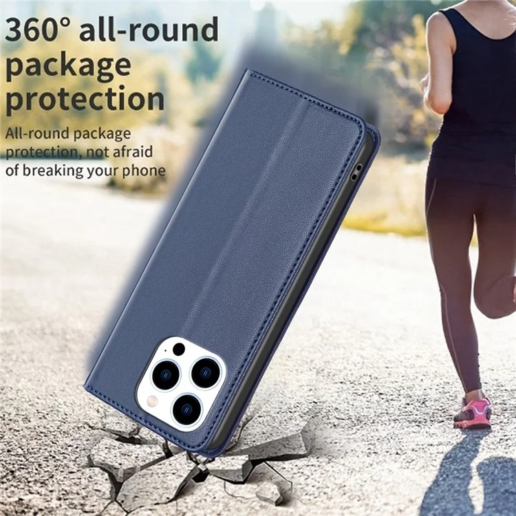 BINFEN COLOR BF18 For iPhone 13 Pro 6.1 inch PU Leather Phone Case Card Slots Folding Stand Cover - Blue