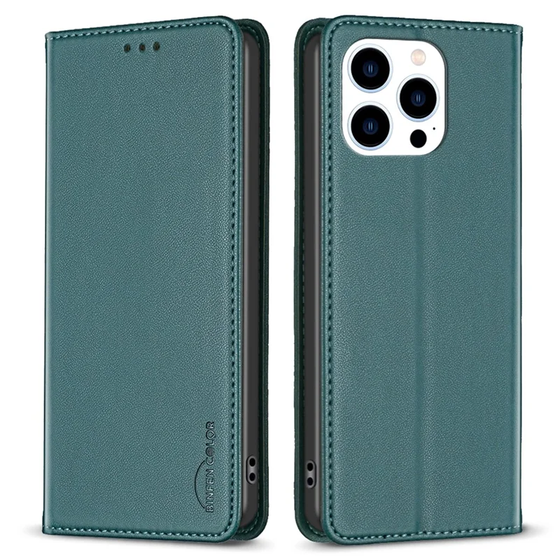 BINFEN COLOR BF18 For iPhone 13 Pro 6.1 inch PU Leather Phone Case Card Slots Folding Stand Cover - Green