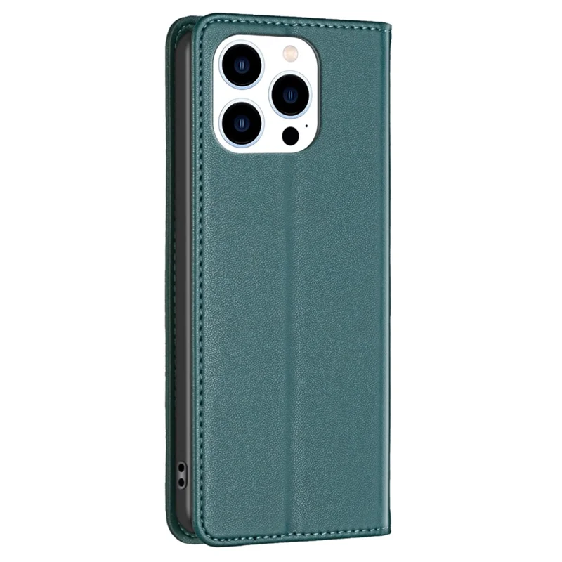 BINFEN COLOR BF18 For iPhone 13 Pro 6.1 inch PU Leather Phone Case Card Slots Folding Stand Cover - Green