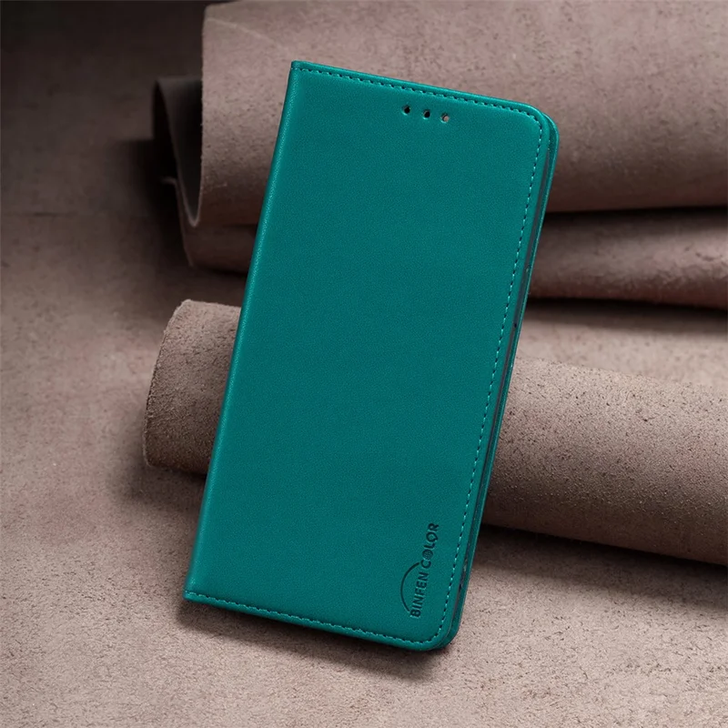 BINFEN COLOR BF18 For iPhone 13 Pro 6.1 inch PU Leather Phone Case Card Slots Folding Stand Cover - Green