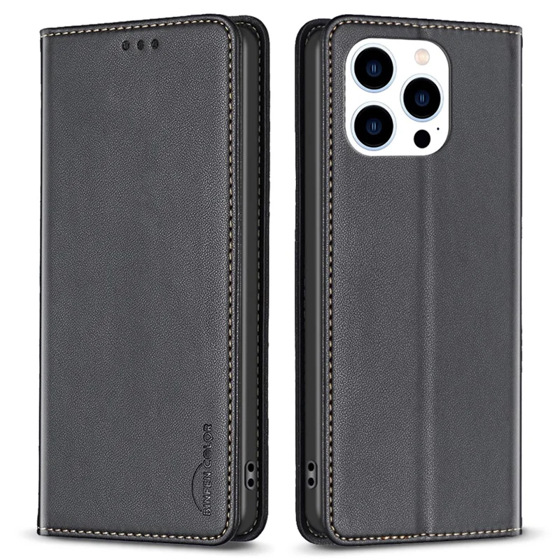 BINFEN COLOR BF18 For iPhone 13 Pro 6.1 inch PU Leather Phone Case Card Slots Folding Stand Cover - Black