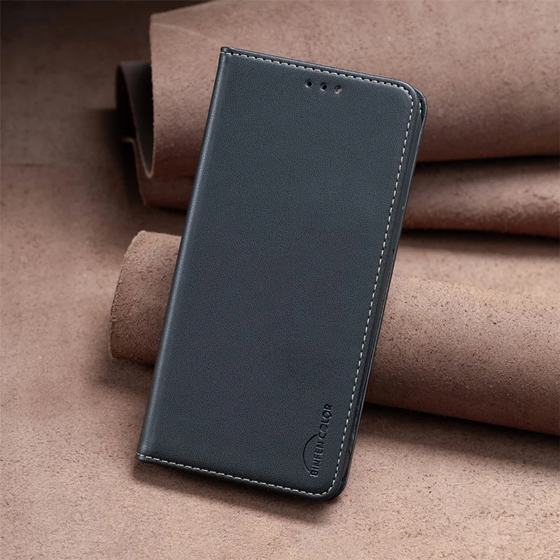 BINFEN COLOR BF18 For iPhone 13 Pro 6.1 inch PU Leather Phone Case Card Slots Folding Stand Cover - Black