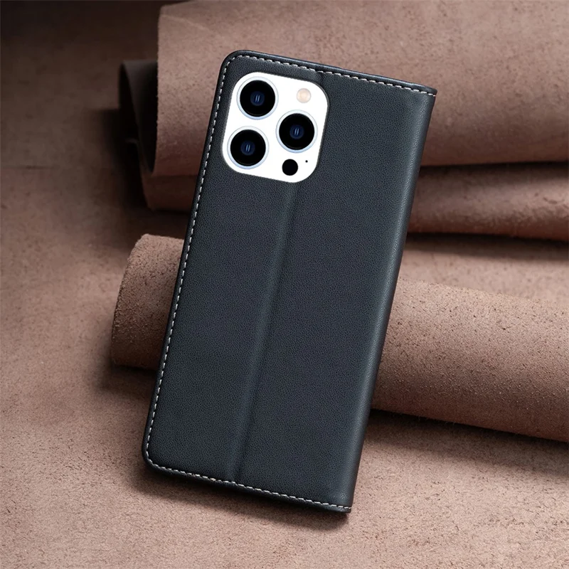 BINFEN COLOR BF18 For iPhone 13 Pro 6.1 inch PU Leather Phone Case Card Slots Folding Stand Cover - Black