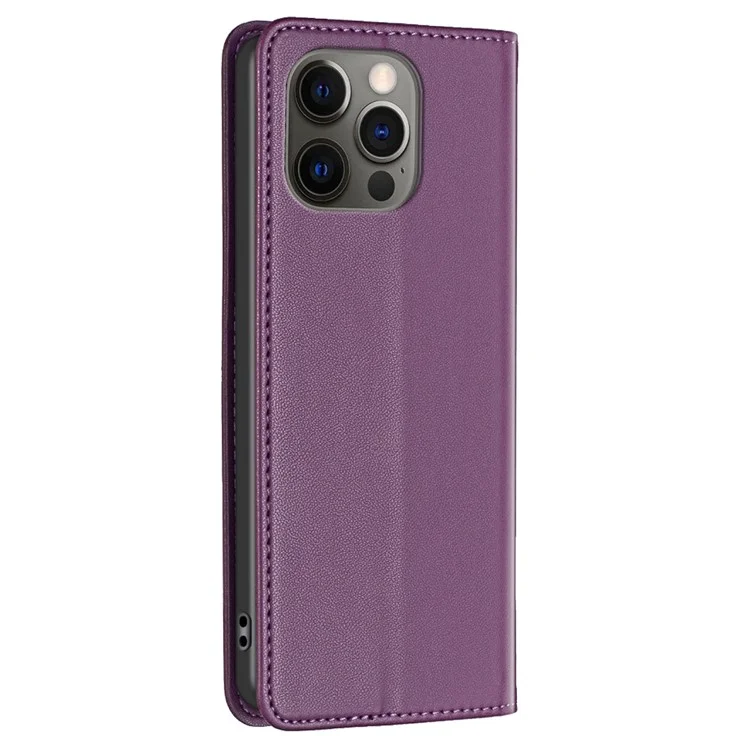 BINFEN COLOR BF18 For iPhone 12 / 12 Pro 6.1 inch PU Leather Phone Case Card Slot Stand Flip Cover - Dark Purple