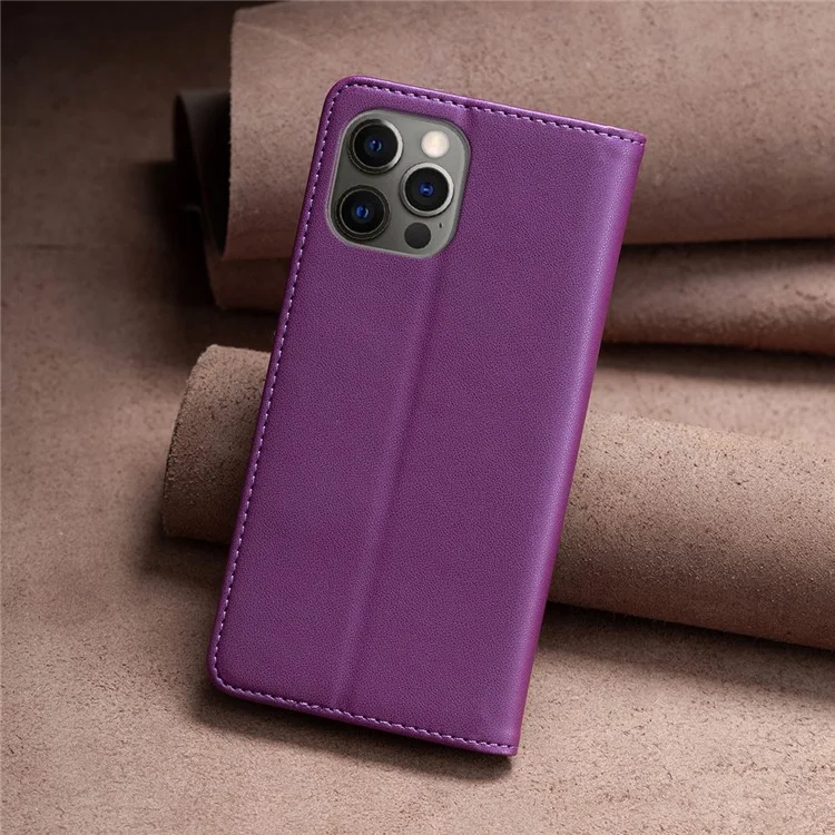 BINFEN COLOR BF18 For iPhone 12 / 12 Pro 6.1 inch PU Leather Phone Case Card Slot Stand Flip Cover - Dark Purple