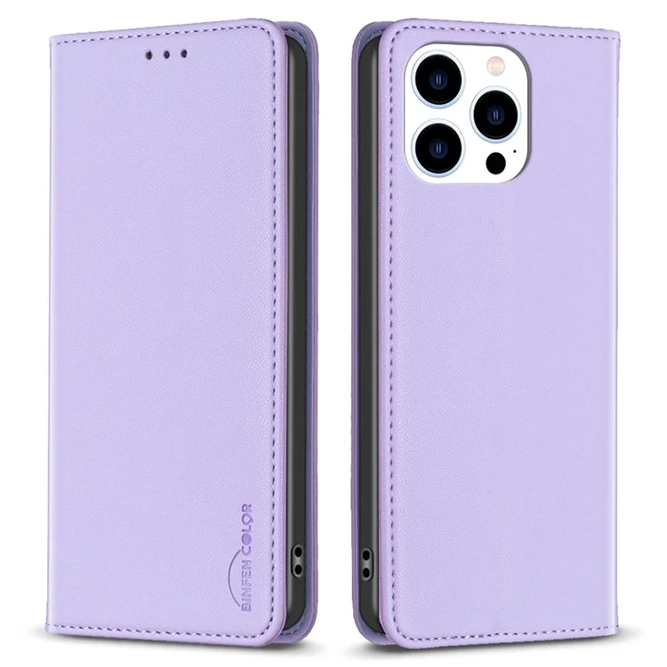 BINFEN COLOR BF18 for iPhone 14 Pro PU Leather Case Card Holder Cell Phone Stand Cover - Purple