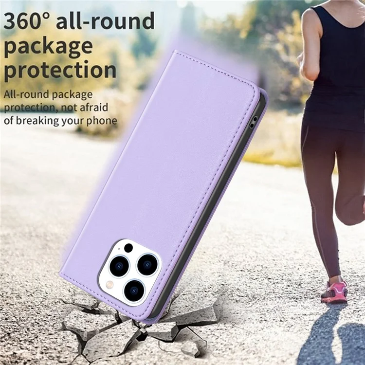 BINFEN COLOR BF18 for iPhone 14 Pro PU Leather Case Card Holder Cell Phone Stand Cover - Purple