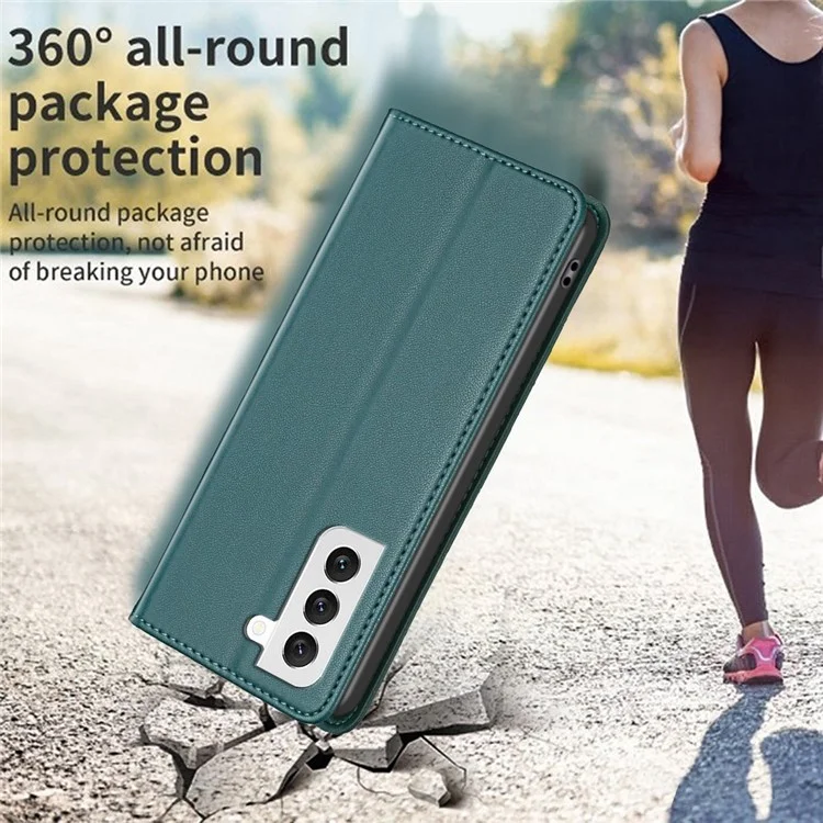 BINFEN COLOR BF18 Phone Case for Samsung Galaxy S21 FE 5G Card Holder PU Leather Stand Cover - Green