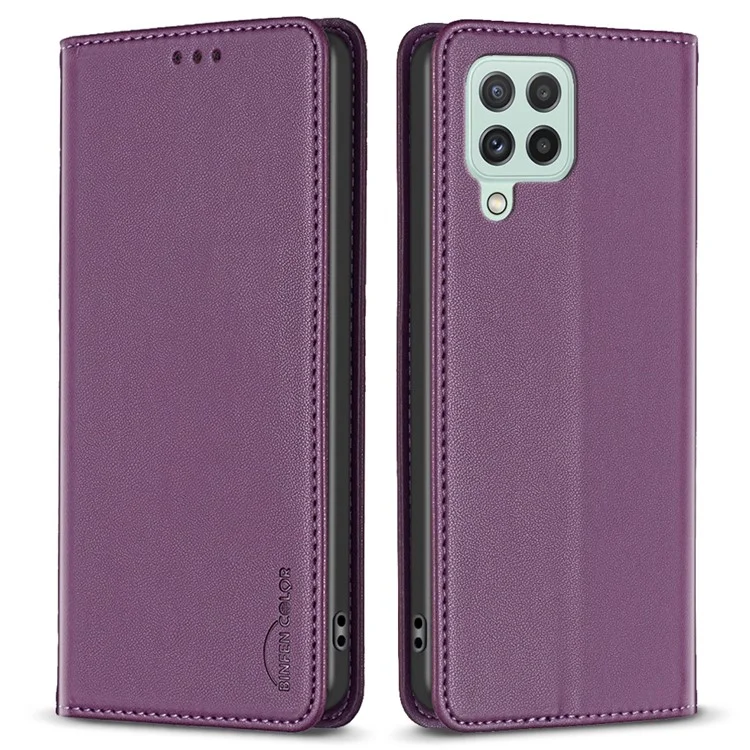 BINFEN COLOR BF18 Lederhülle für Samsung Galaxy A12 Kartenhalter Voller Schutz Telefonständer - Dunkel Lila