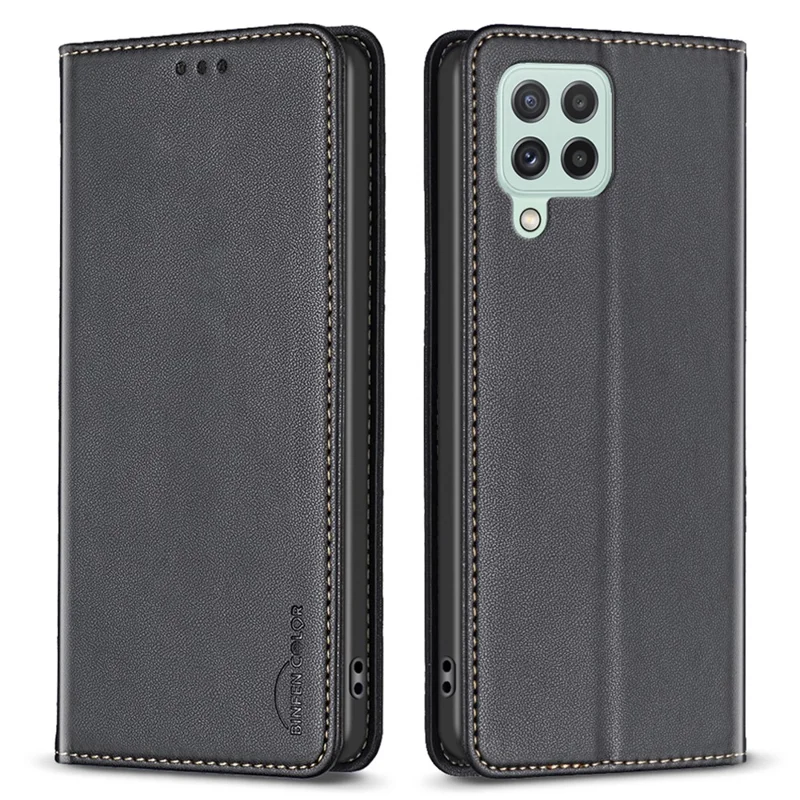 BINFEN COLOR BF18 Leather Case for Samsung Galaxy A12 Card Holder Full Protection Phone Stand Cover - Black