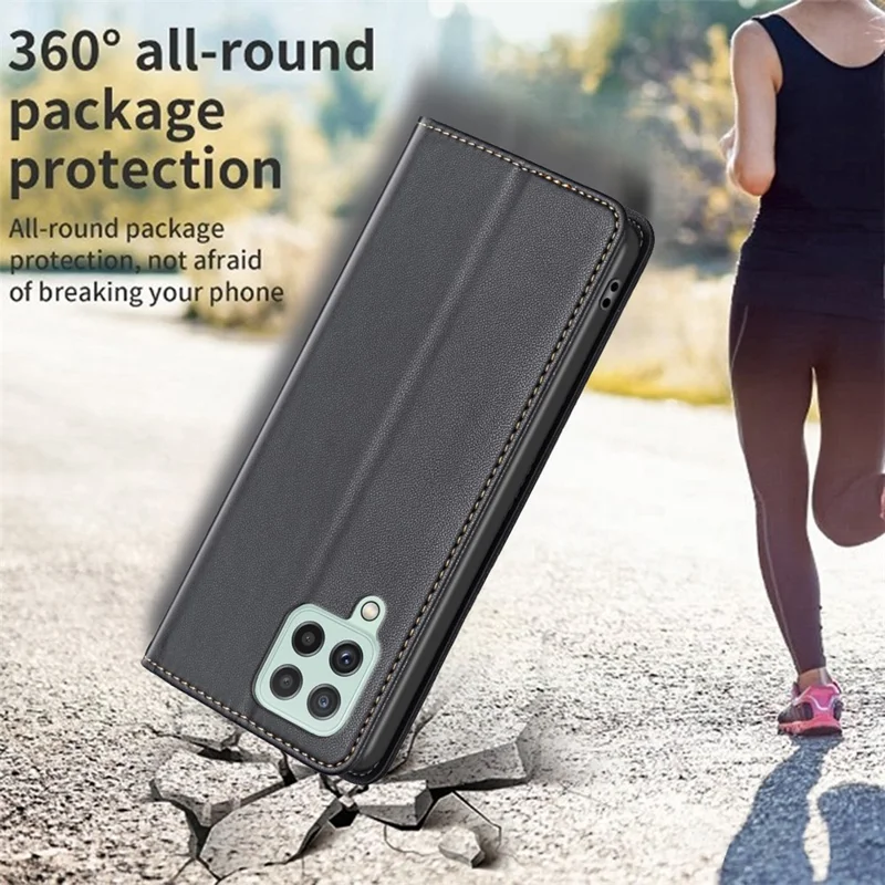 BINFEN COLOR BF18 Leather Case for Samsung Galaxy A12 Card Holder Full Protection Phone Stand Cover - Black