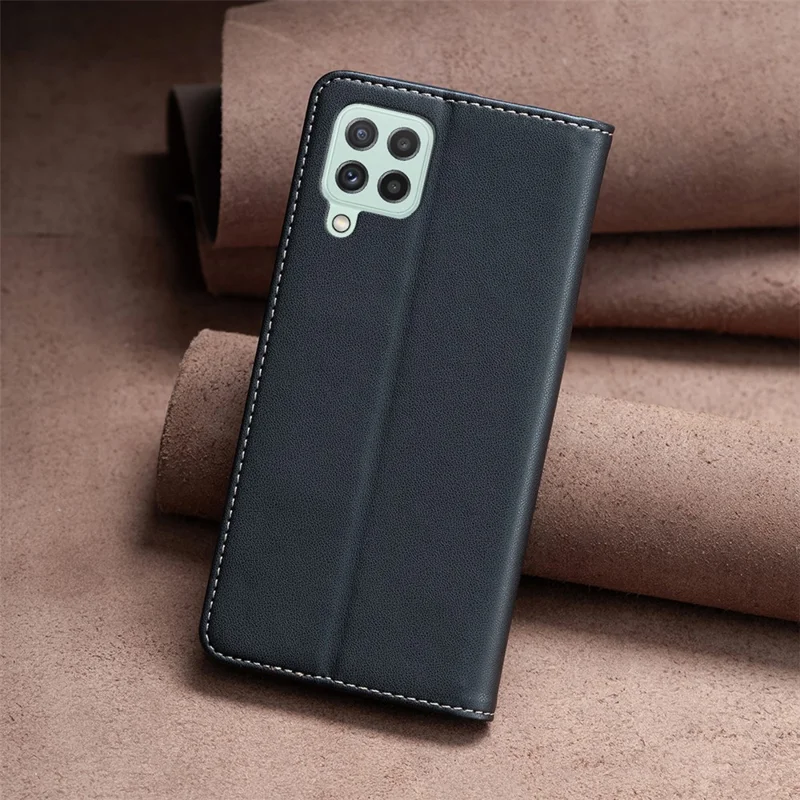 BINFEN COLOR BF18 Leather Case for Samsung Galaxy A12 Card Holder Full Protection Phone Stand Cover - Black