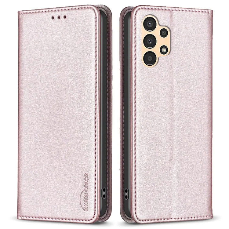 BINFEN COLOR BF18 PU Leather Case for Samsung Galaxy A13 4G / 5G , Card Slot Stand Magnetic Flip Phone Cover - Rose Gold