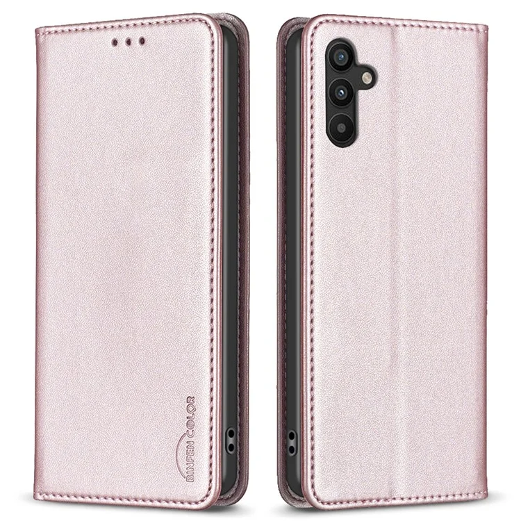 BINFEN COLOR BF18 For Samsung Galaxy A34 5G PU Leather Folio Cover Flip Stand Card Slot Phone Case - Rose Gold