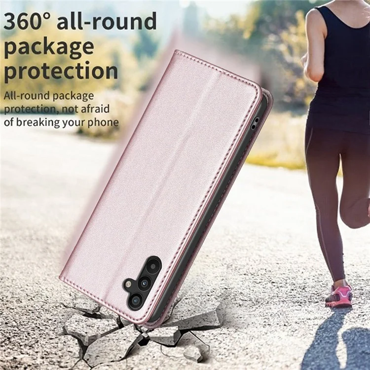 BINFEN COLOR BF18 For Samsung Galaxy A34 5G PU Leather Folio Cover Flip Stand Card Slot Phone Case - Rose Gold