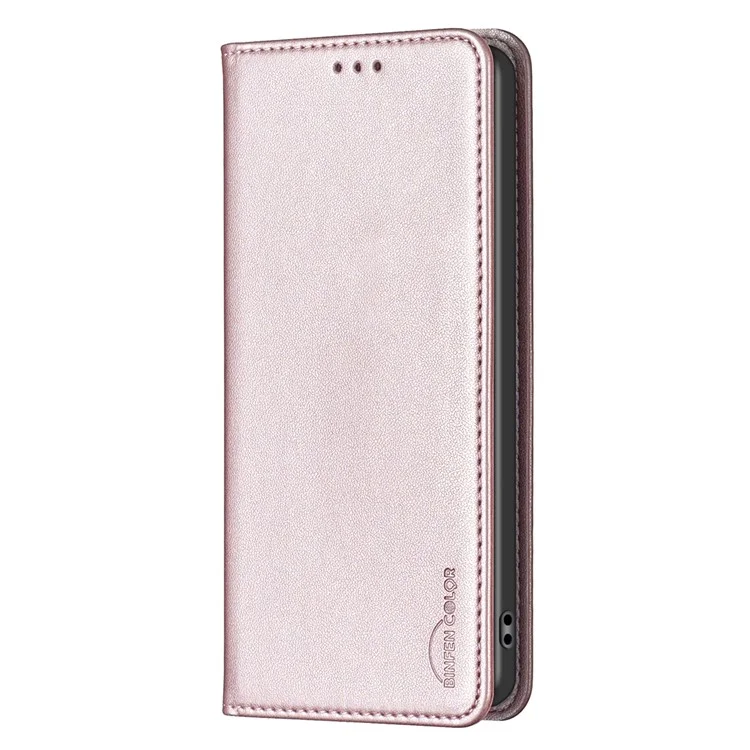 BINFEN COLOR BF18 For Samsung Galaxy A34 5G PU Leather Folio Cover Flip Stand Card Slot Phone Case - Rose Gold
