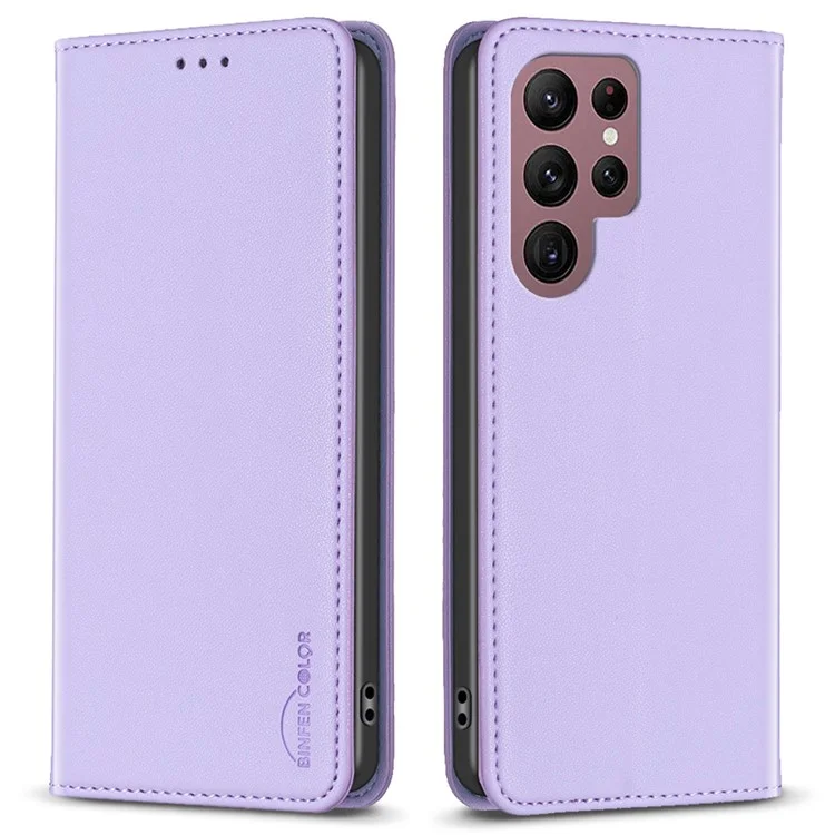 BINFEN COLOR BF18 For Samsung Galaxy S22 Ultra 5G PU Leather Phone Cover Card Holder Stand Hidden Magnetic Adsorption Case - Purple