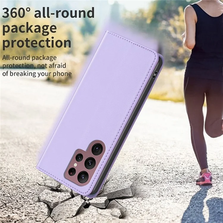 BINFEN COLOR BF18 For Samsung Galaxy S22 Ultra 5G PU Leather Phone Cover Card Holder Stand Hidden Magnetic Adsorption Case - Purple