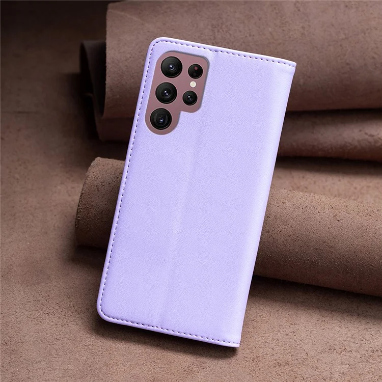 BINFEN COLOR BF18 For Samsung Galaxy S22 Ultra 5G PU Leather Phone Cover Card Holder Stand Hidden Magnetic Adsorption Case - Purple