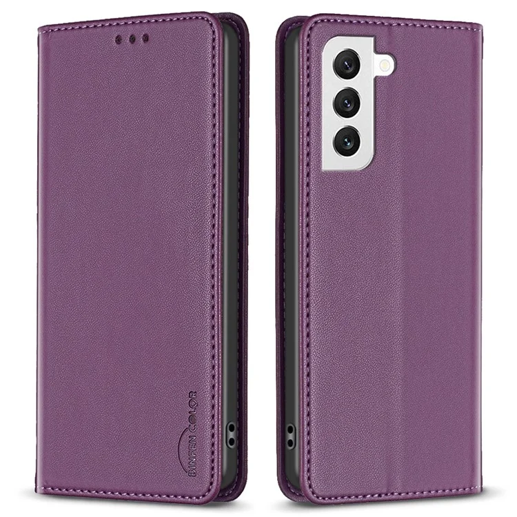 BINFEN COLOR BF18 Pour Samsung Galaxy S22+ 5G Étui en cuir à rabat Fentes pour cartes Stand Housse de protection pour téléphone - Violet foncé