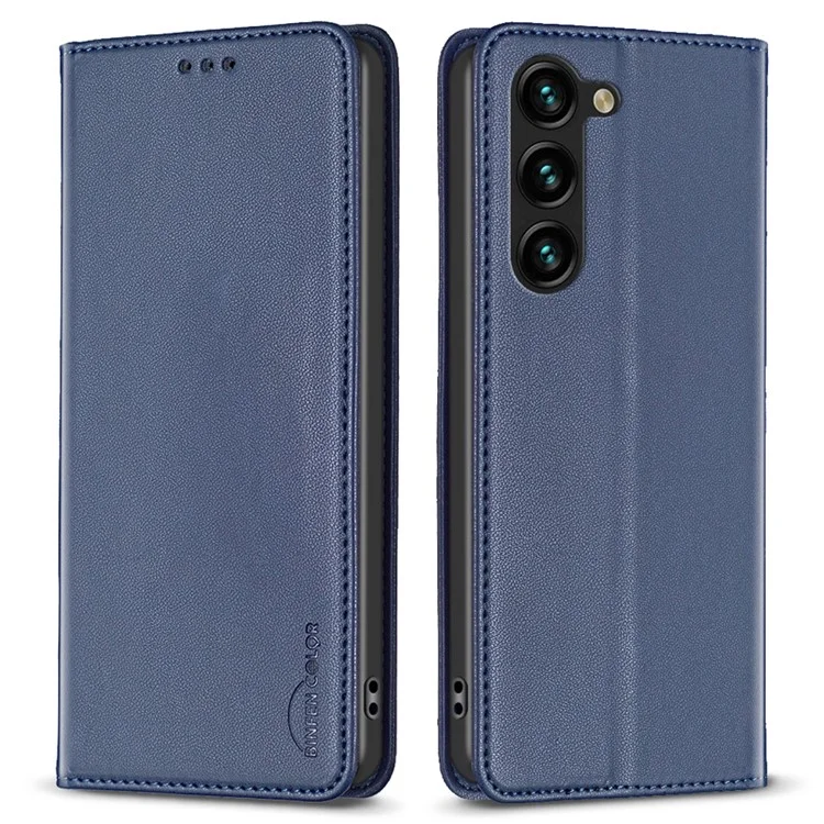 BINFEN COLOR BF18 For Samsung Galaxy S23 PU Leather Phone Case Card Slots Stand Folio Flip Cover - Blue