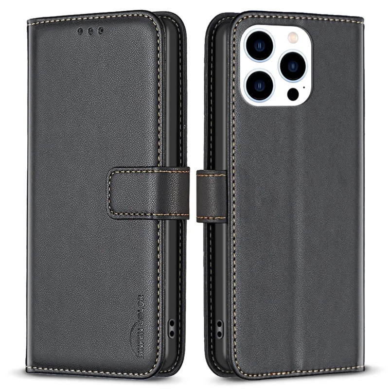 BINFEN COLOR BF17 Für iPhone 13 Pro Max 6,7 Zoll Leder Wallet Case Flip Stand Schutzhülle - Schwarz