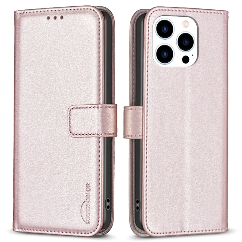 BINFEN COLOR BF17 For iPhone 13 Pro Max 6.7 inch Leather Wallet Case Flip Stand Protective Phone Cover - Rose Gold