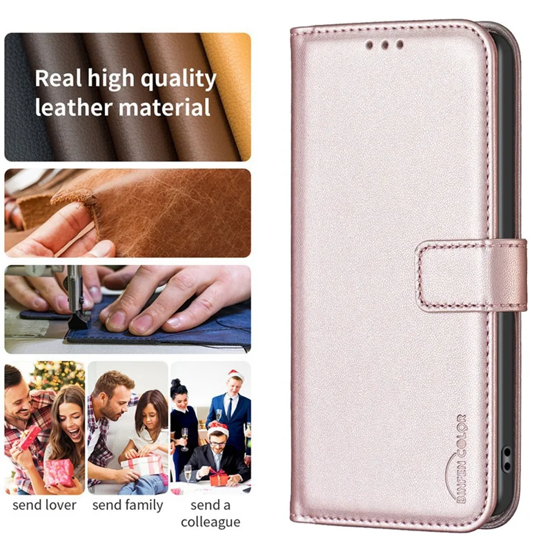 BINFEN COLOR BF17 For iPhone 13 Pro Max 6.7 inch Leather Wallet Case Flip Stand Protective Phone Cover - Rose Gold