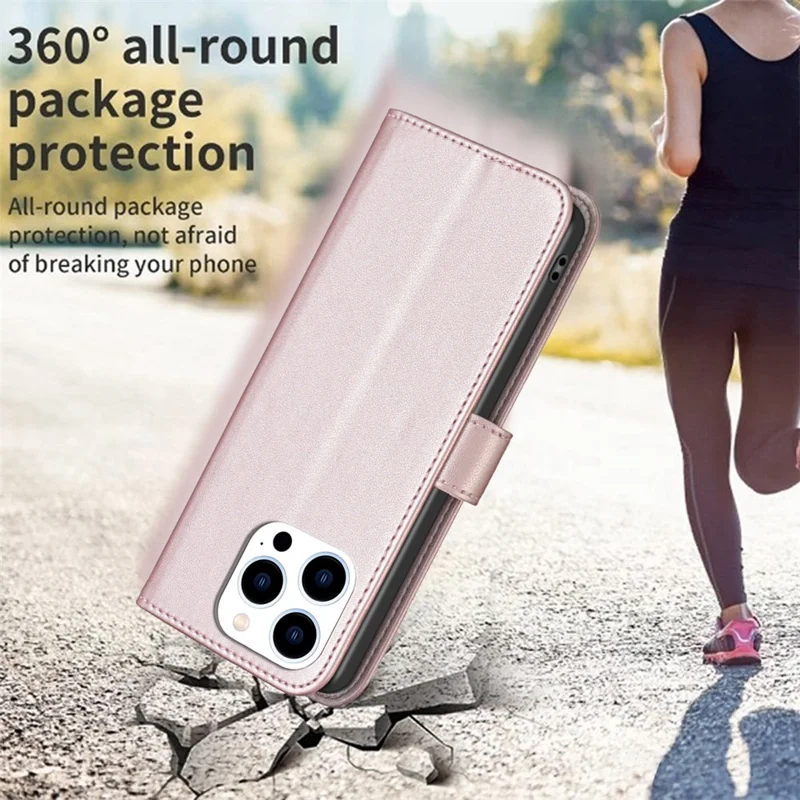 BINFEN COLOR BF17 For iPhone 13 Pro Max 6.7 inch Leather Wallet Case Flip Stand Protective Phone Cover - Rose Gold