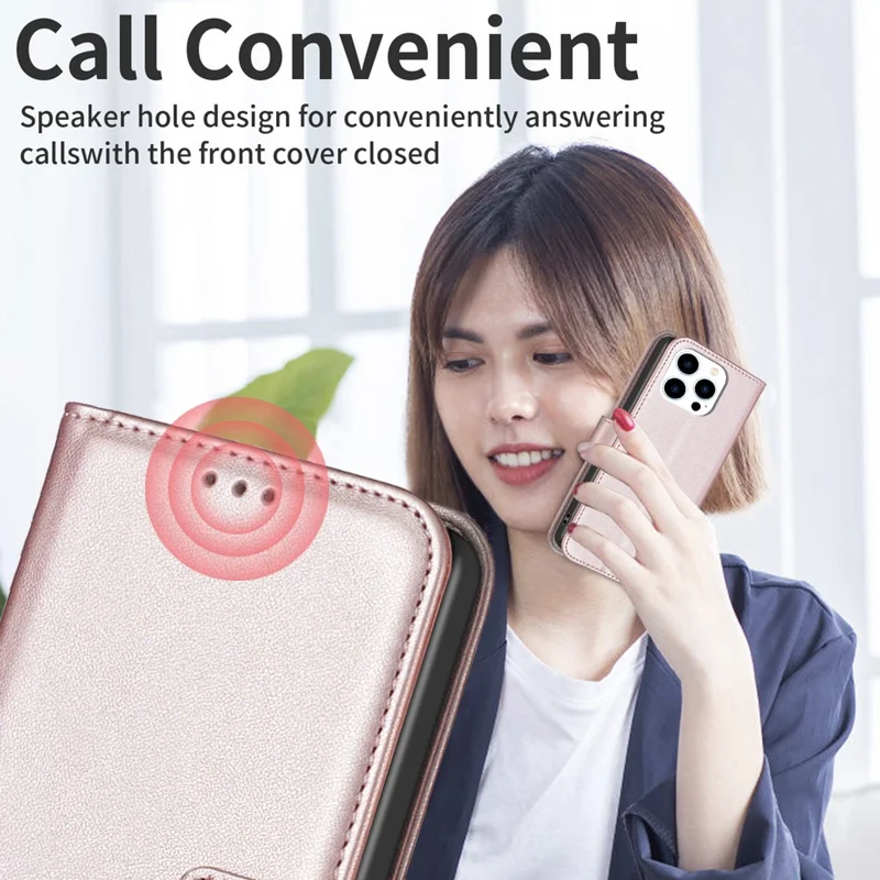 BINFEN COLOR BF17 For iPhone 13 Pro Max 6.7 inch Leather Wallet Case Flip Stand Protective Phone Cover - Rose Gold