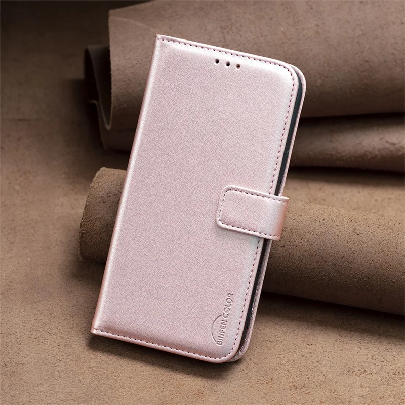 BINFEN COLOR BF17 For iPhone 13 Pro Max 6.7 inch Leather Wallet Case Flip Stand Protective Phone Cover - Rose Gold