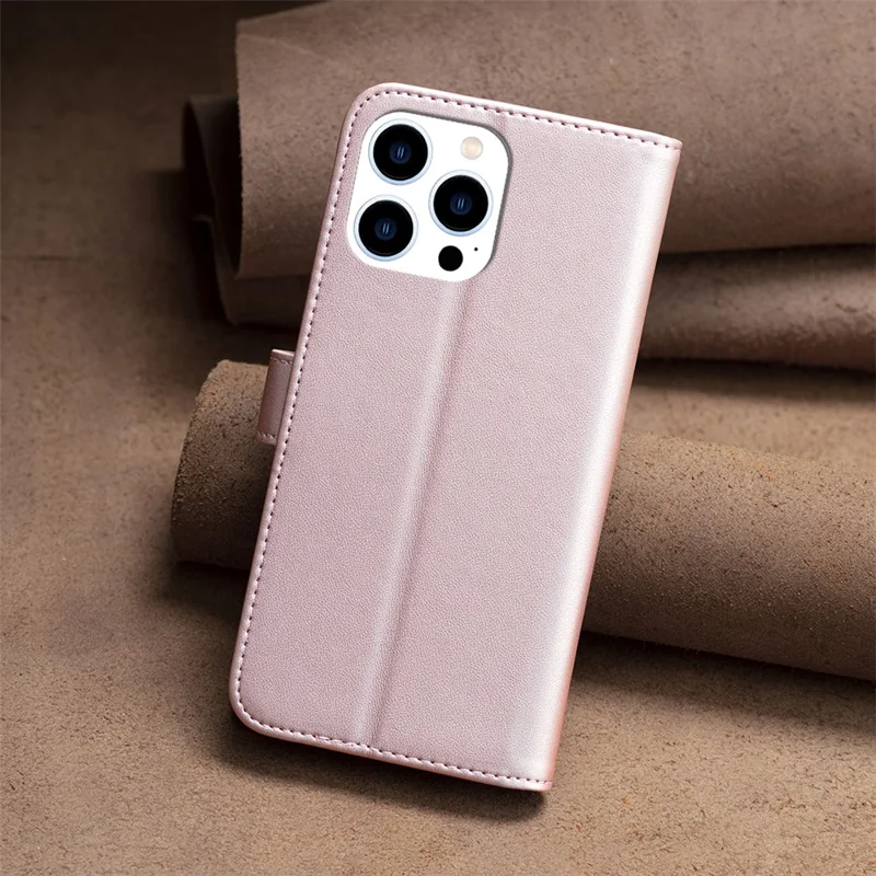 BINFEN COLOR BF17 For iPhone 13 Pro Max 6.7 inch Leather Wallet Case Flip Stand Protective Phone Cover - Rose Gold