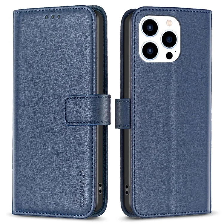 BINFEN COLOR BF17 Para iPhone 14 Pro Funda Magnética de Teléfono Billetera de Cuero Funda de Teléfono con Función de Soporte - Azul