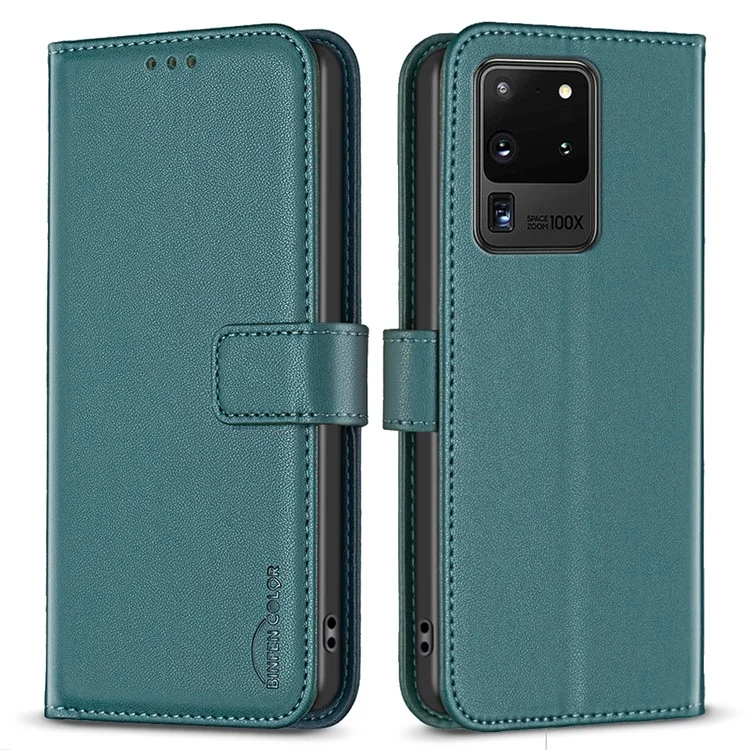 BINFEN COLOR BF17 Étui de téléphone en TPU+PU pour Samsung Galaxy S20 Ultra, étui de téléphone portefeuille magnétique debout - Vert